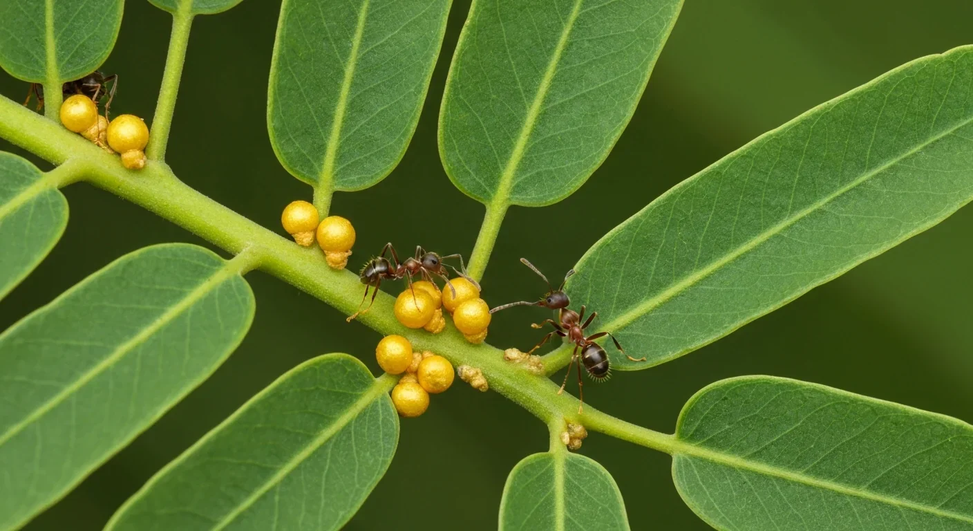 Ants harvesting Beltian bodies and nectar from acacia tree specialized food structures