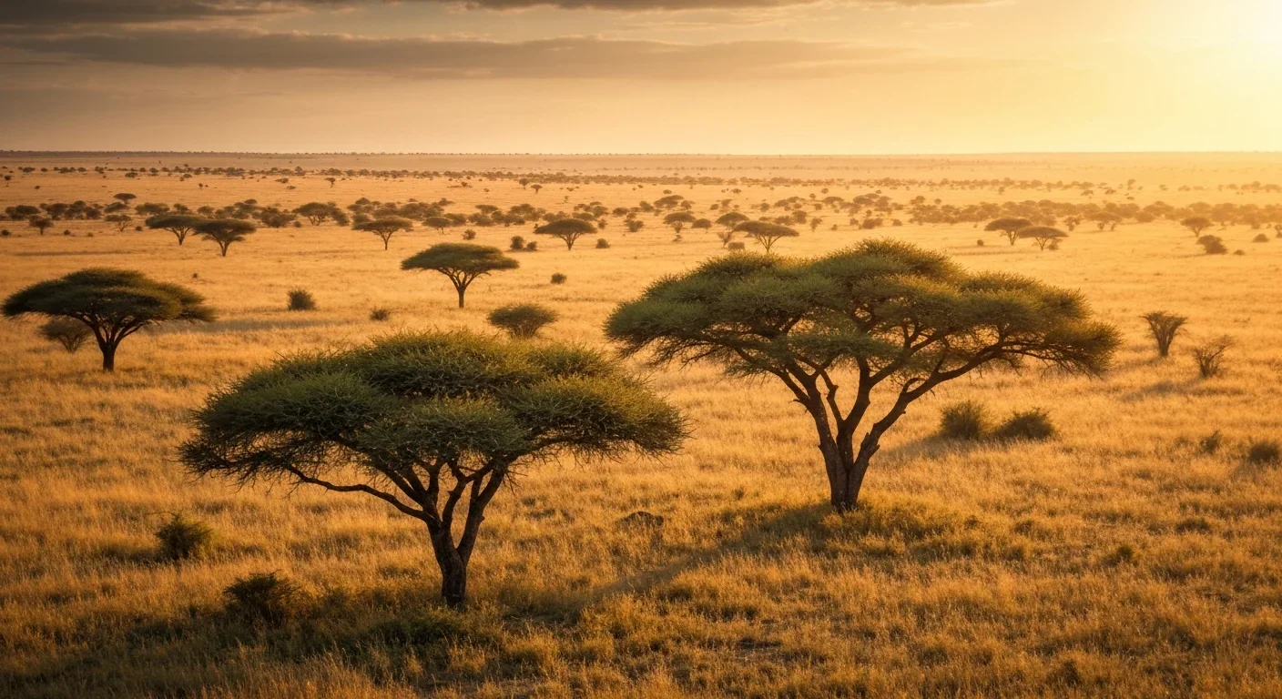 Whistling thorn acacias dominating East African savanna landscape with characteristic swollen thorns