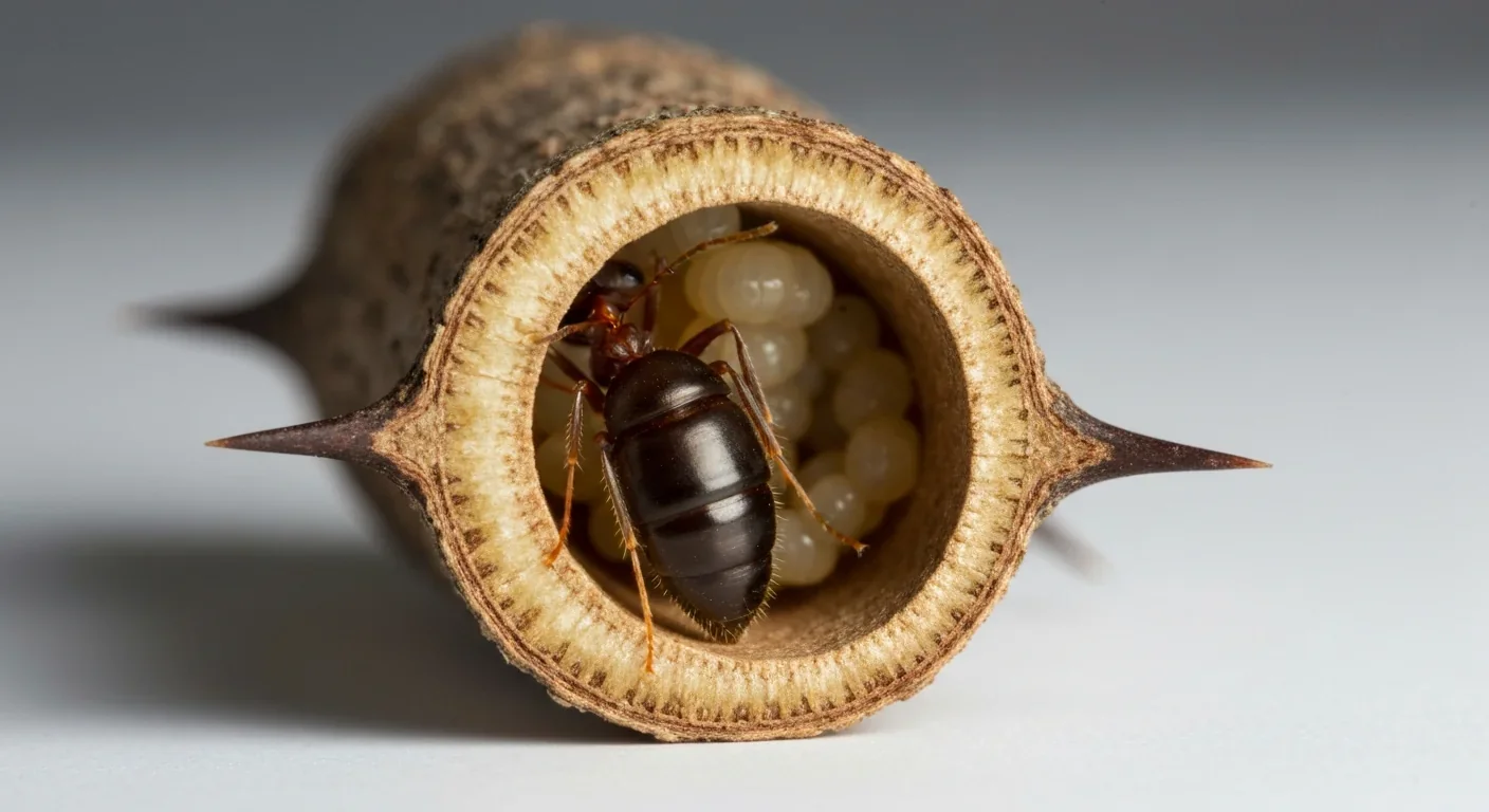 Cross-section of hollow acacia thorn revealing ant queen establishing colony inside the chamber