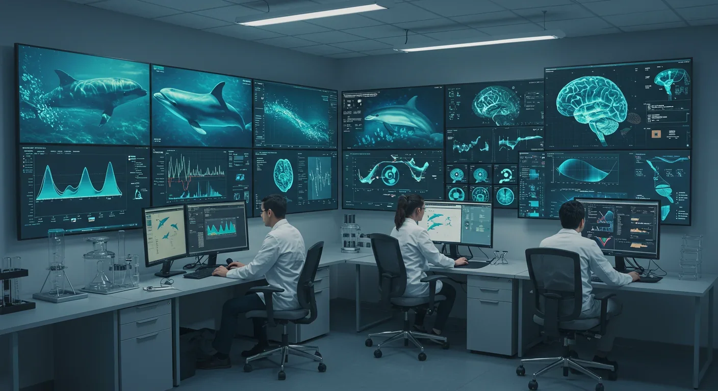 Computer screens showing spectrogram analysis and AI processing of dolphin vocalizations in research lab