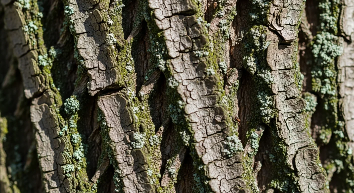 Detailed close-up of ancient tree bark showing complex textured surface where microbial communities thrive