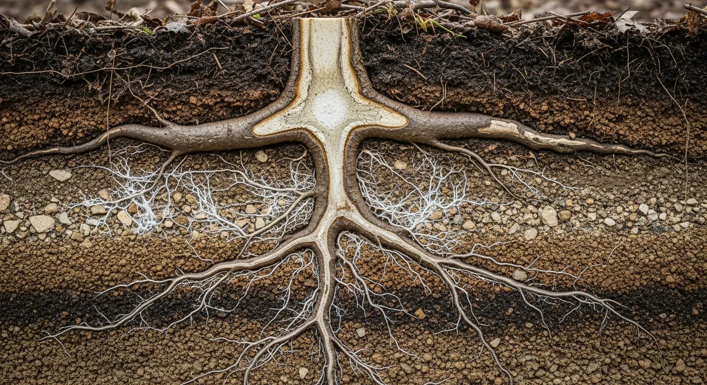 Tree root system with visible mycorrhizal fungal networks connecting through forest soil