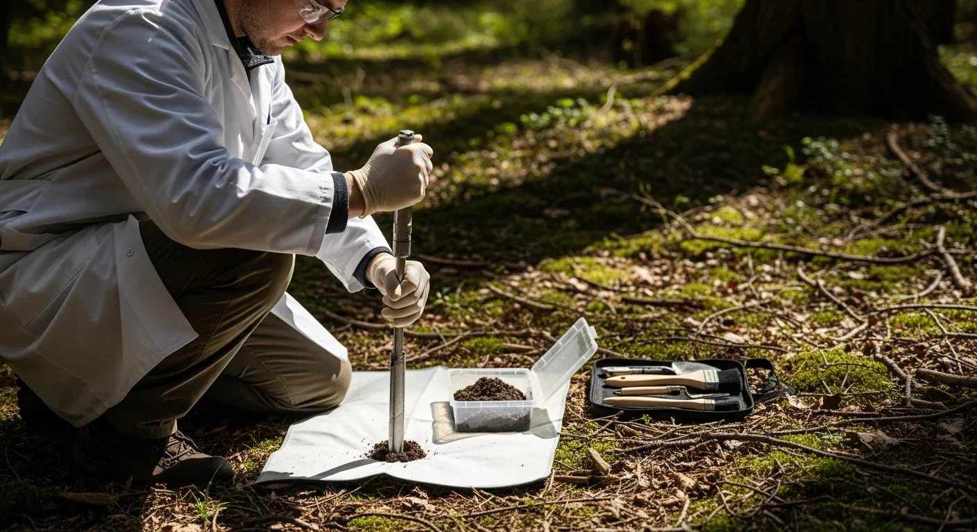 Forest ecologist carefully collecting soil sample for microbiome analysis in old-growth forest