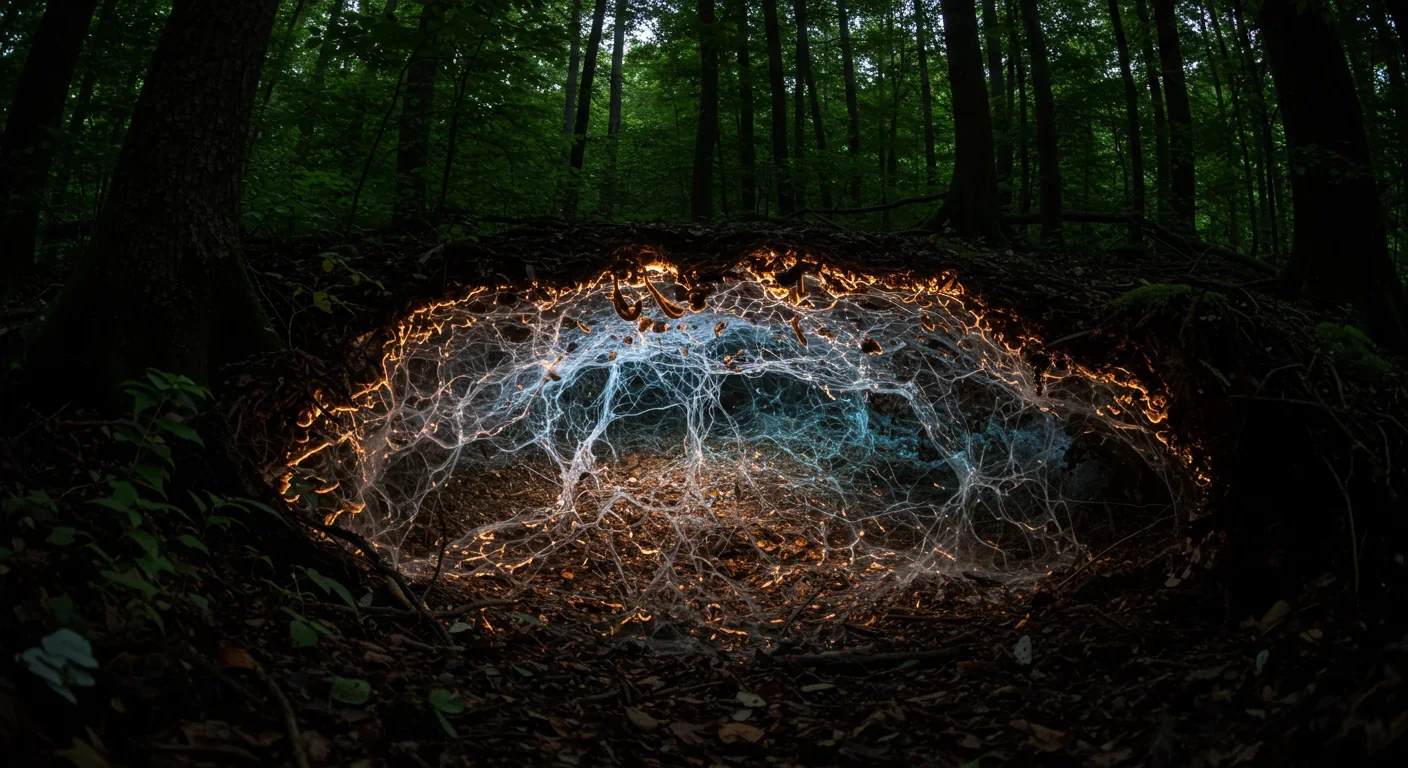 Illuminated underground fungal network showing complex interconnected mycelium threads