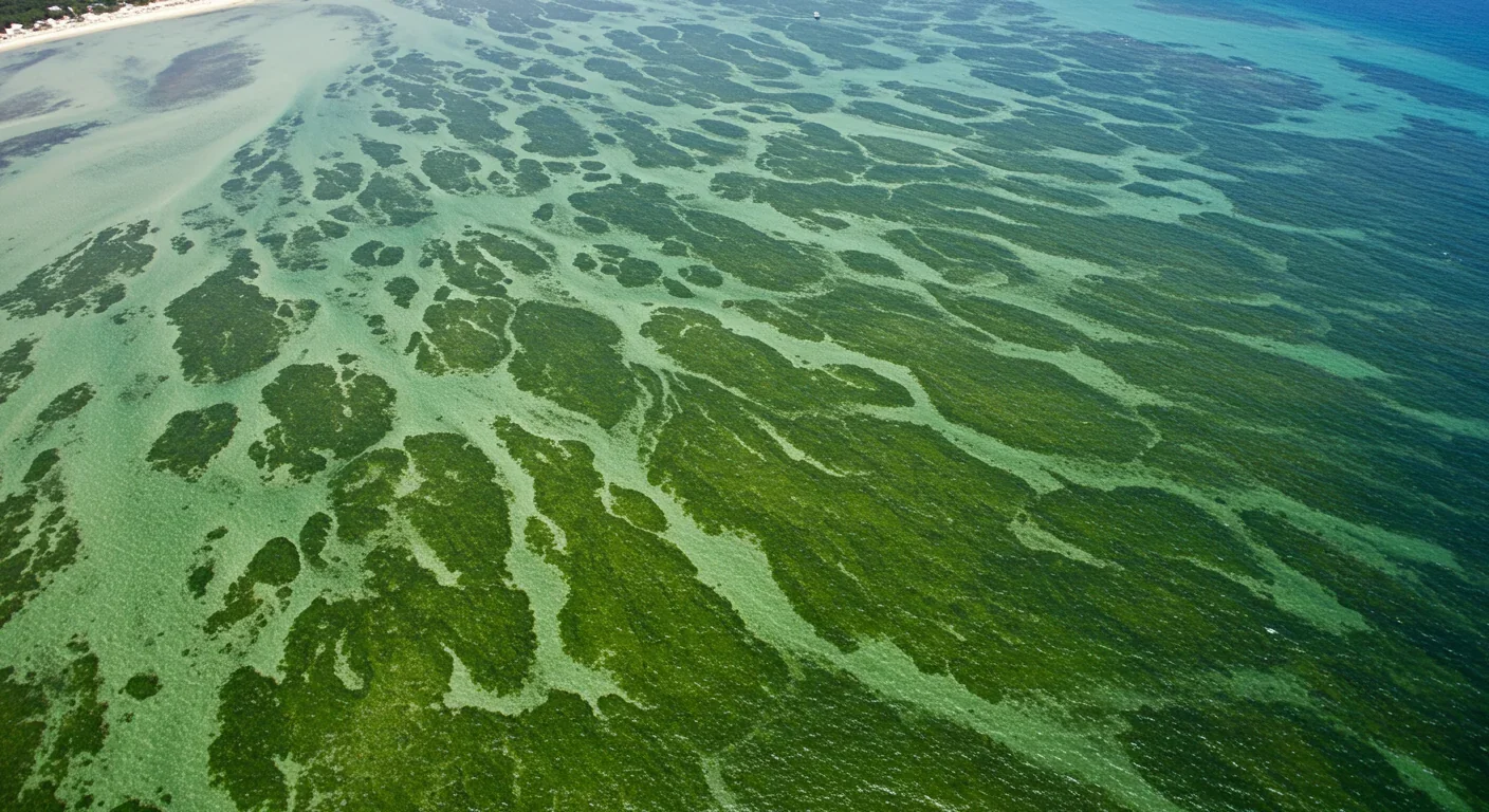 Aerial view of extensive restored seagrass meadow in coastal waters