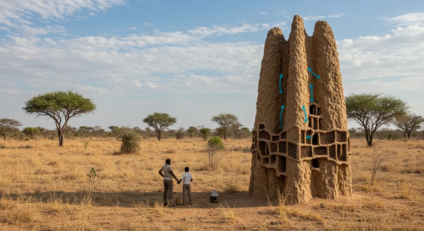 Massive termite mound showcasing nature's passive cooling system through intricate ventilation channels