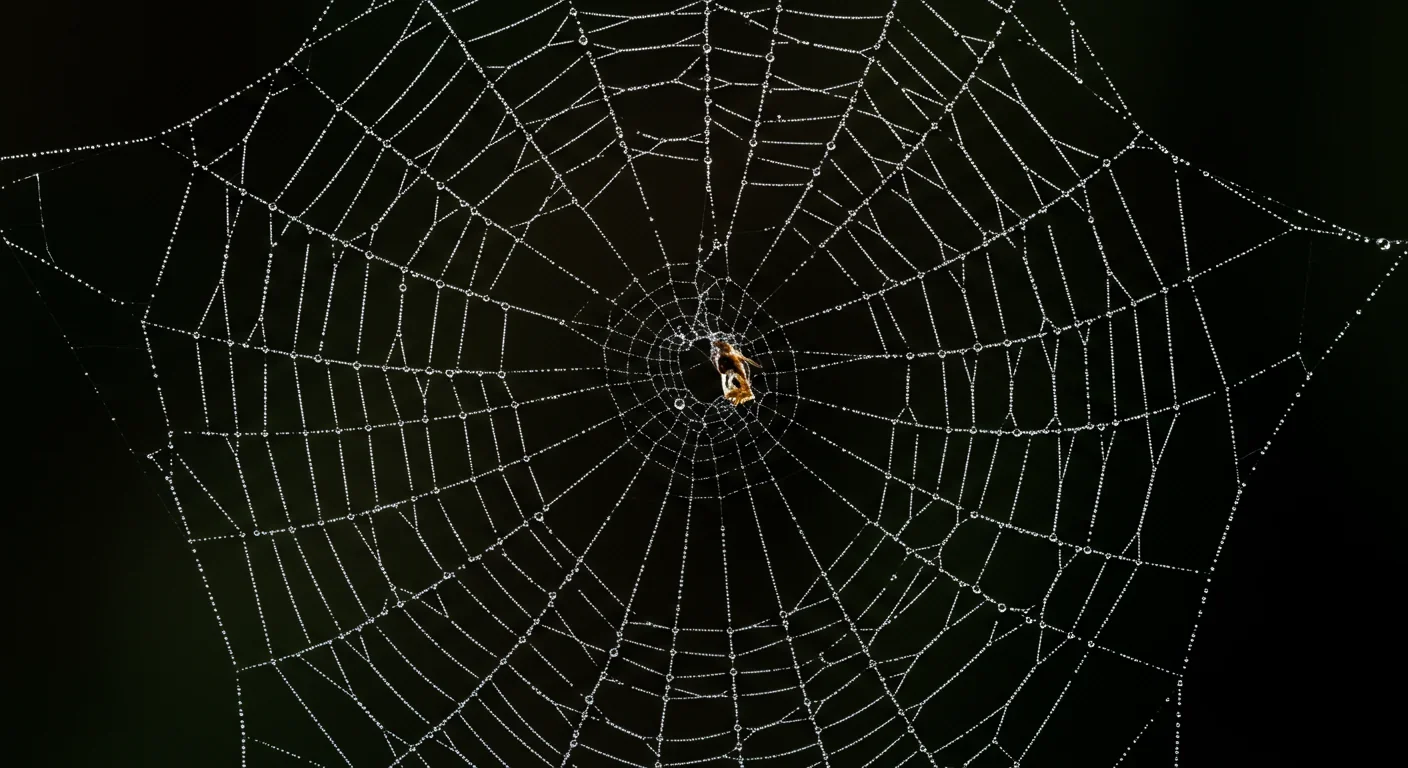 Spider web with dewdrops illustrating the strength and flexibility of natural silk architecture
