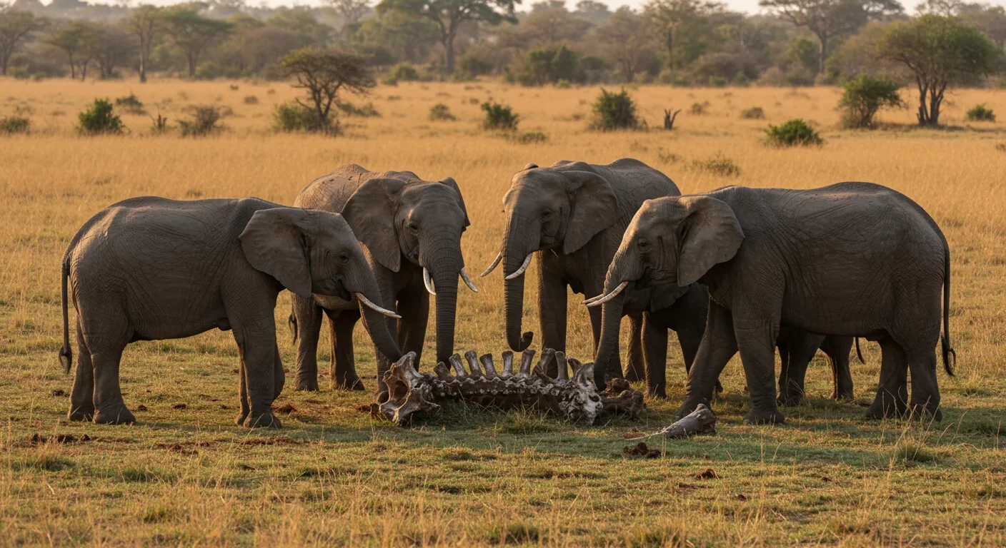 Elephant herd gathered around bones of deceased family member, touching remains with trunks