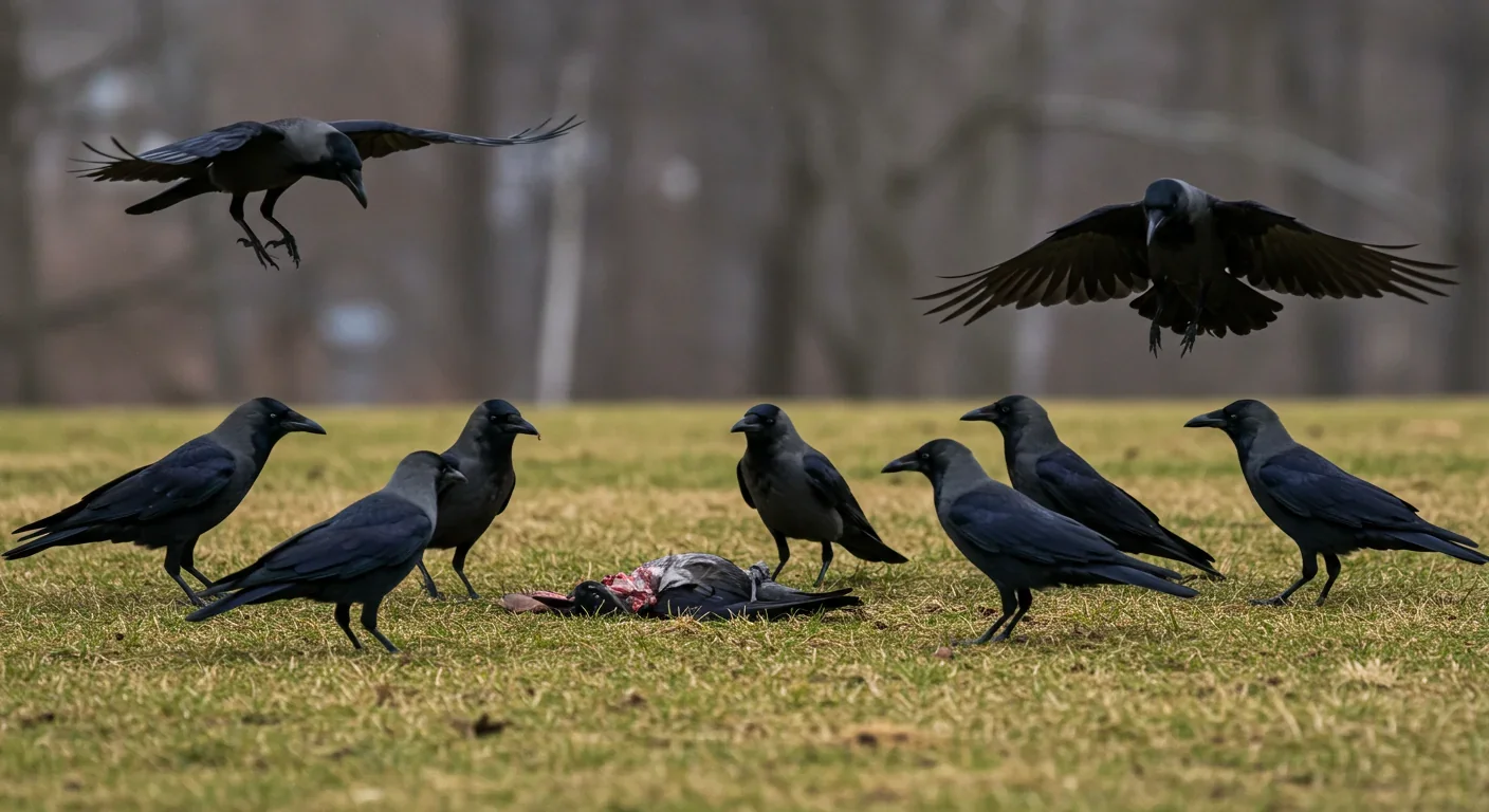 American crows gathered around deceased companion in funeral-like gathering behavior