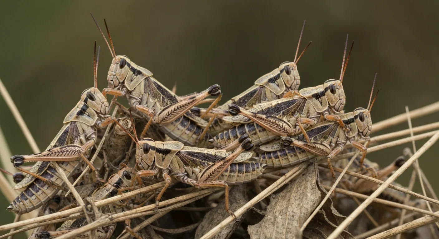 Desert locusts clustered on vegetation in gregarious swarming phase