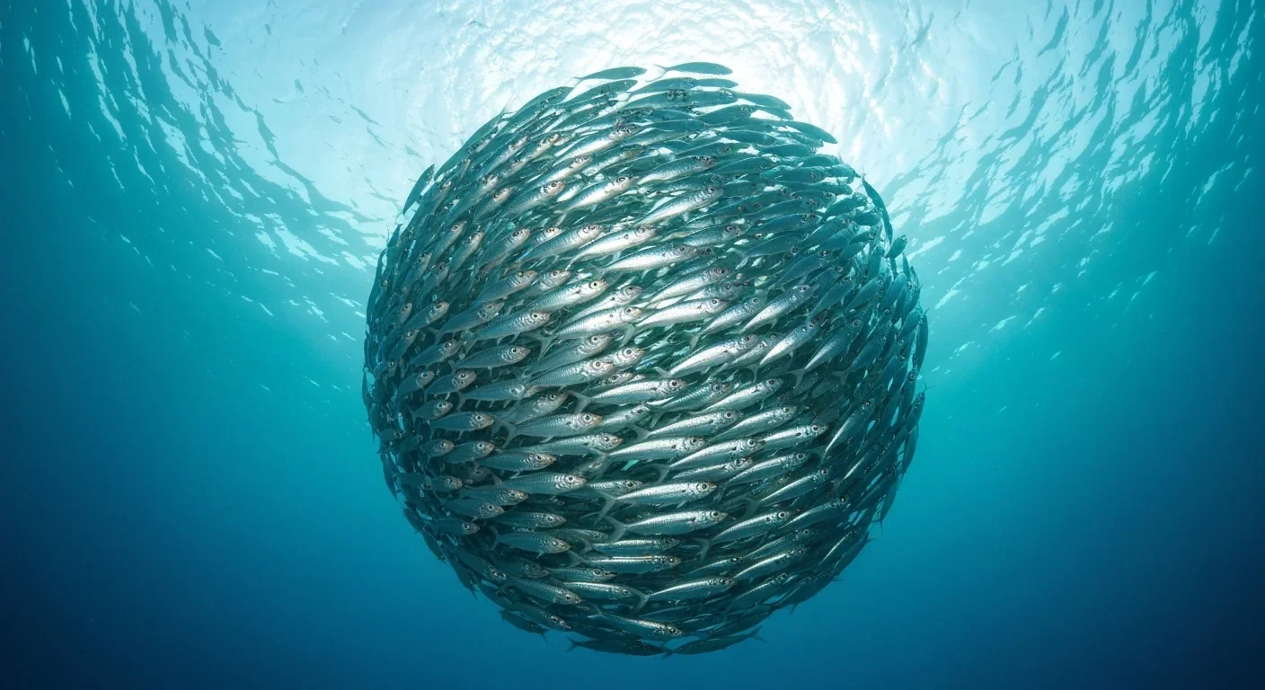 Sardine school forming defensive bait ball formation underwater