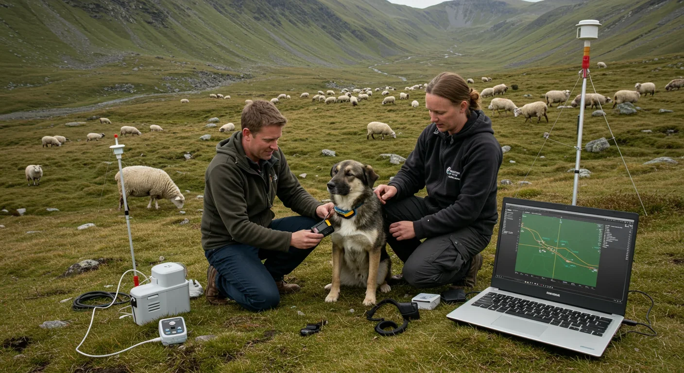 Scientist installing GPS collar on dog for earthquake early warning research in seismically active farming region