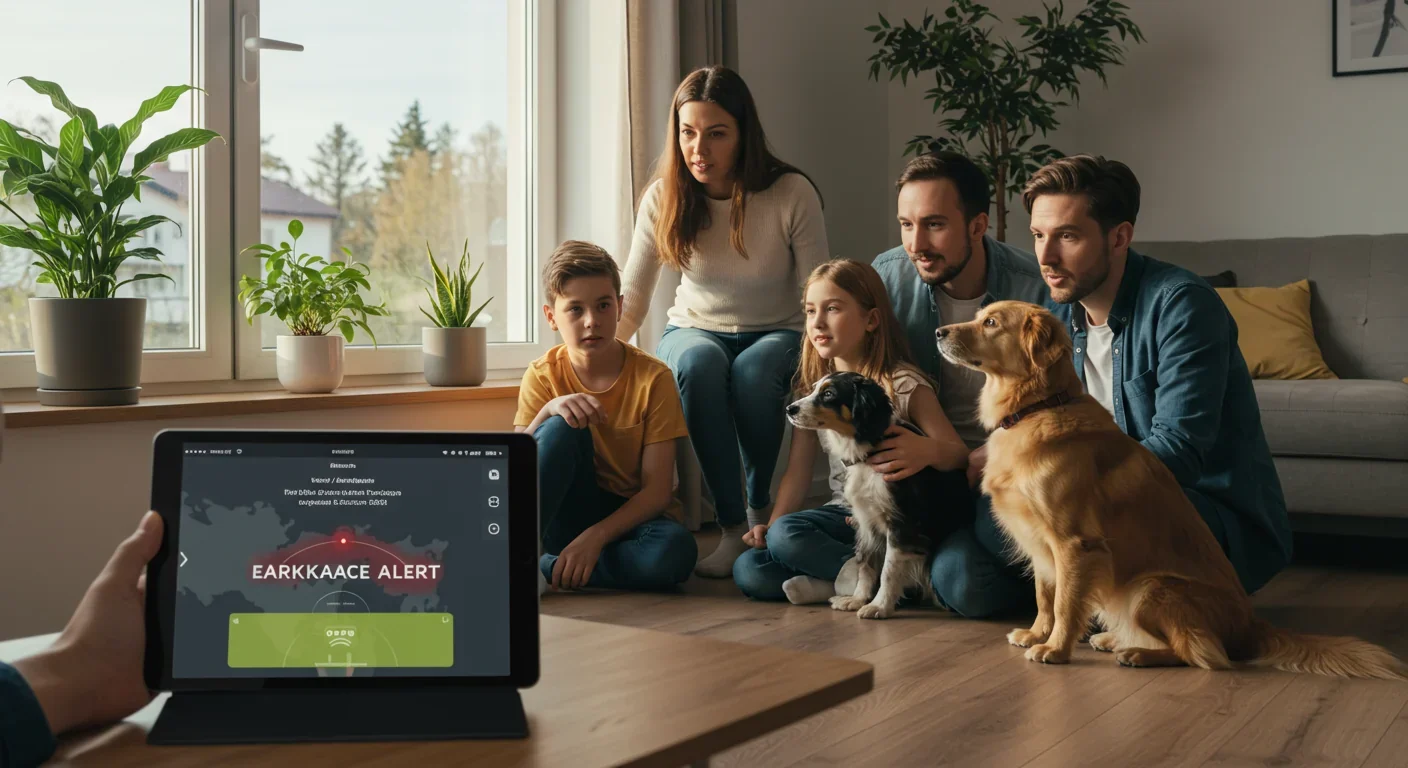 Pet dog exhibiting unusual behavior as family monitors earthquake early warning signs at home using citizen science app