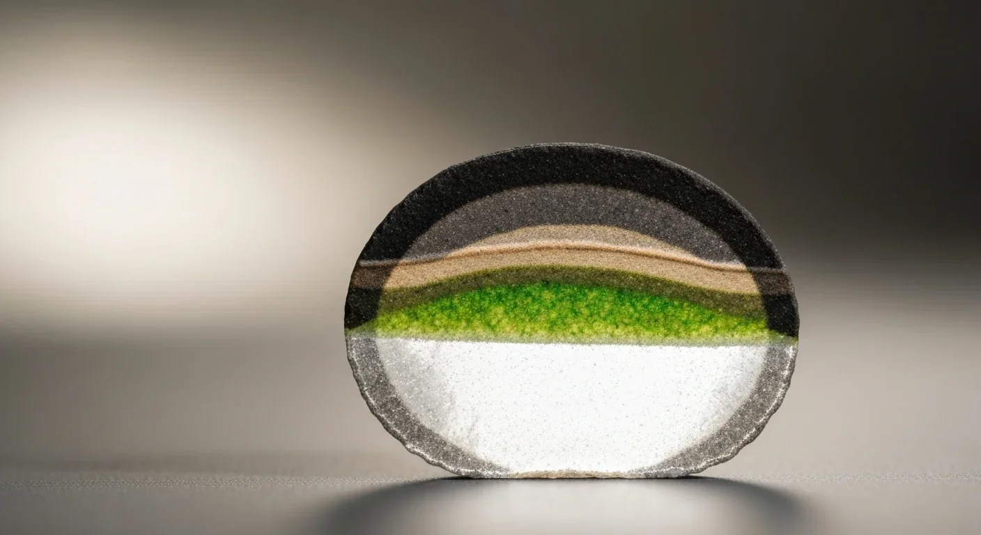 Cross-section of Antarctic sandstone showing colored bands of cryptoendolithic lichen communities