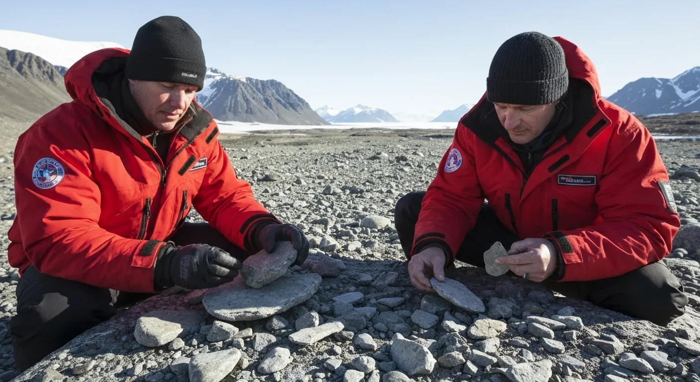 Researchers collecting cryptoendolithic lichen samples in Antarctica's McMurdo Dry Valleys