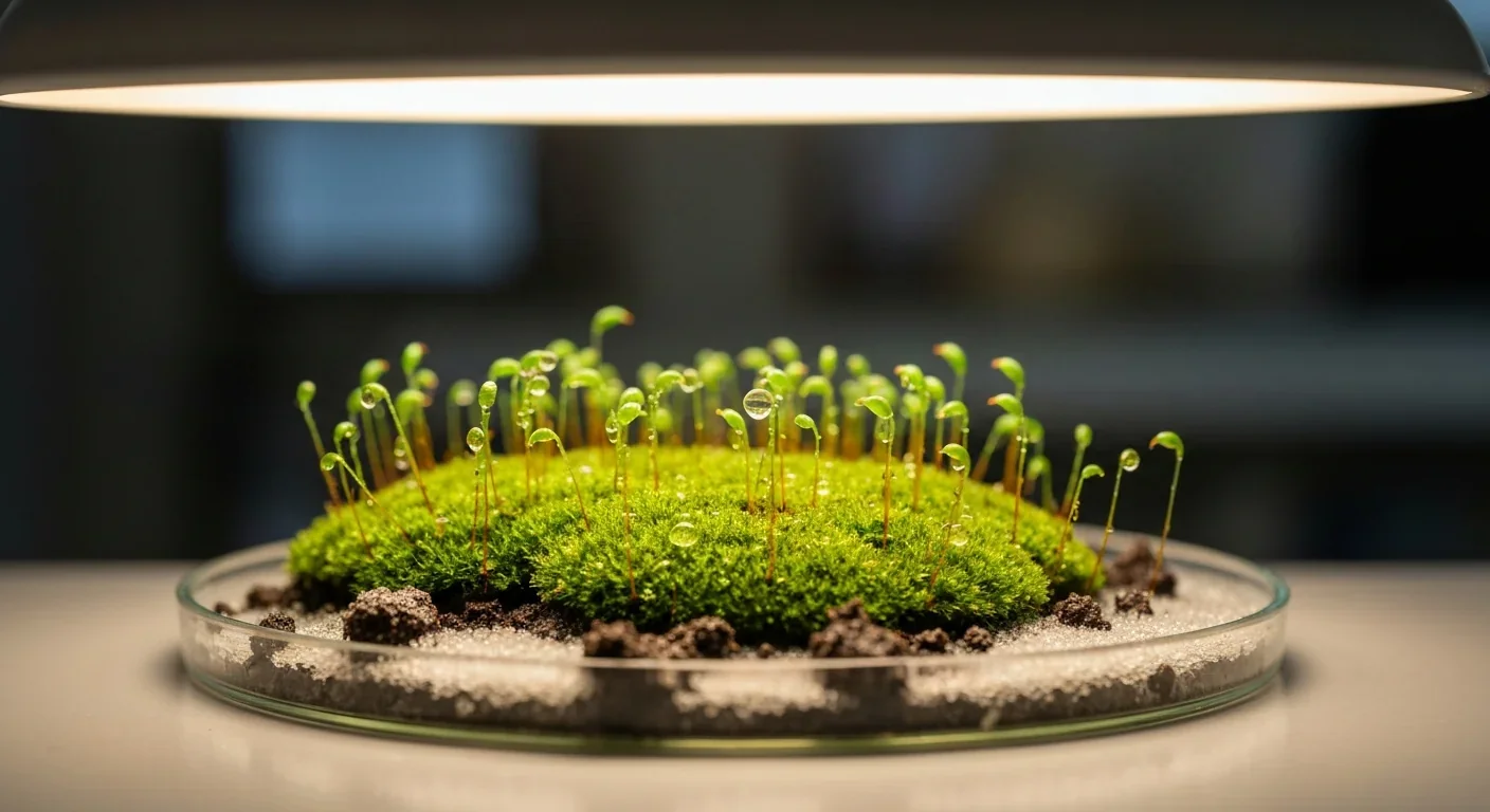 Fresh green moss shoots growing from dark frozen soil in a laboratory petri dish under warm light