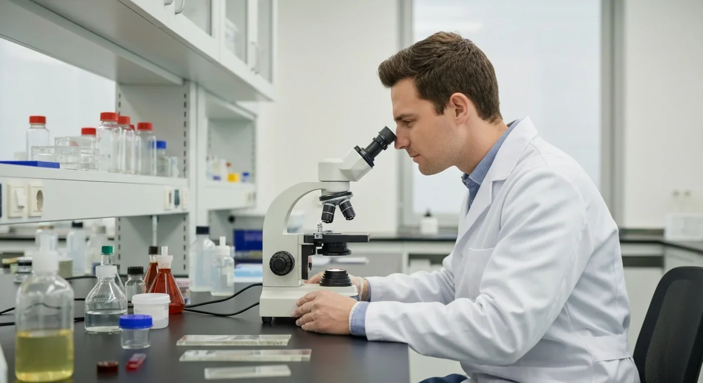 Scientist examining biological samples through a microscope in a modern research laboratory