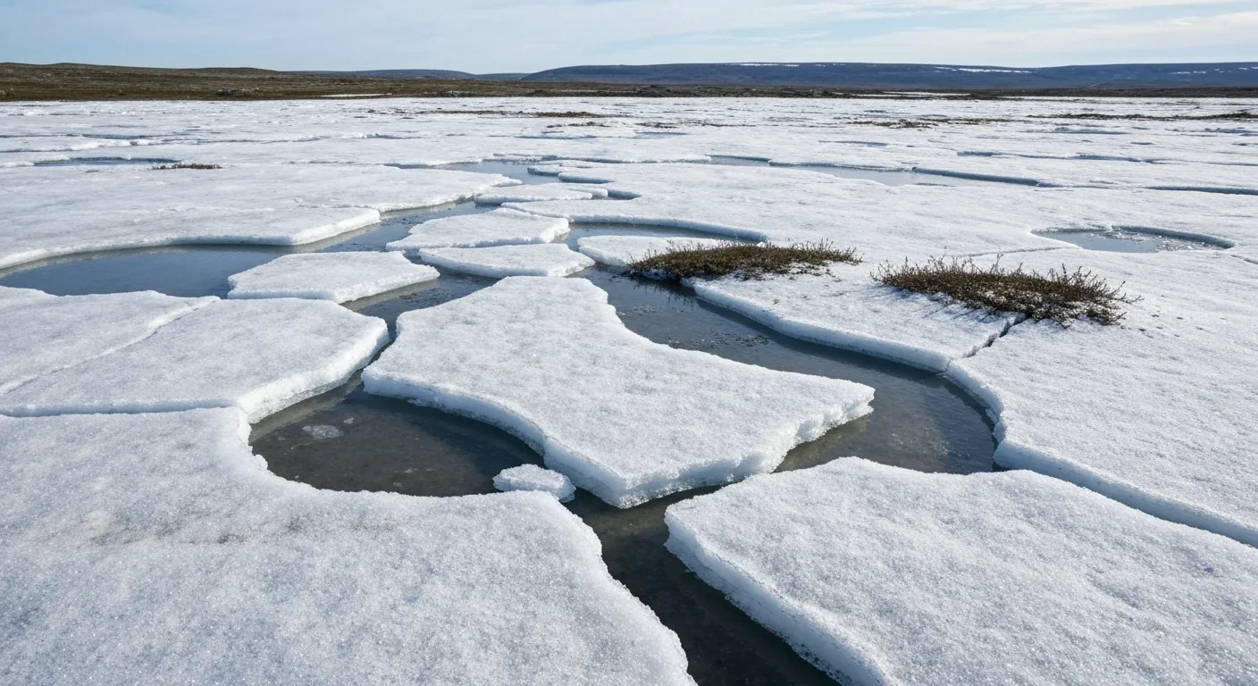 Cracking permafrost terrain in the Arctic tundra with meltwater pools forming between ice layers