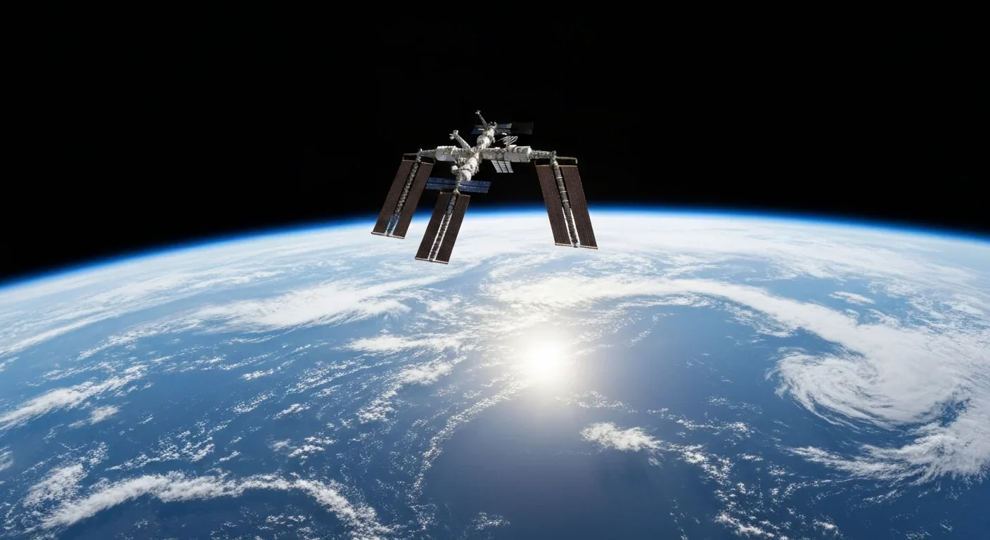 The International Space Station orbiting Earth with sunlight reflecting off its solar panels