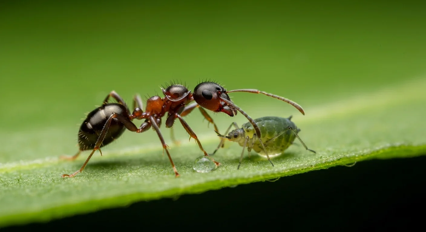 An ant strokes an aphid with its antennae to stimulate honeydew production on a green leaf