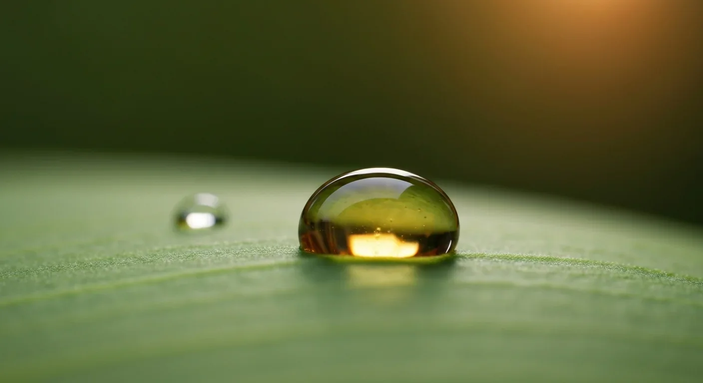 A glistening droplet of honeydew on a green leaf surface photographed in natural light