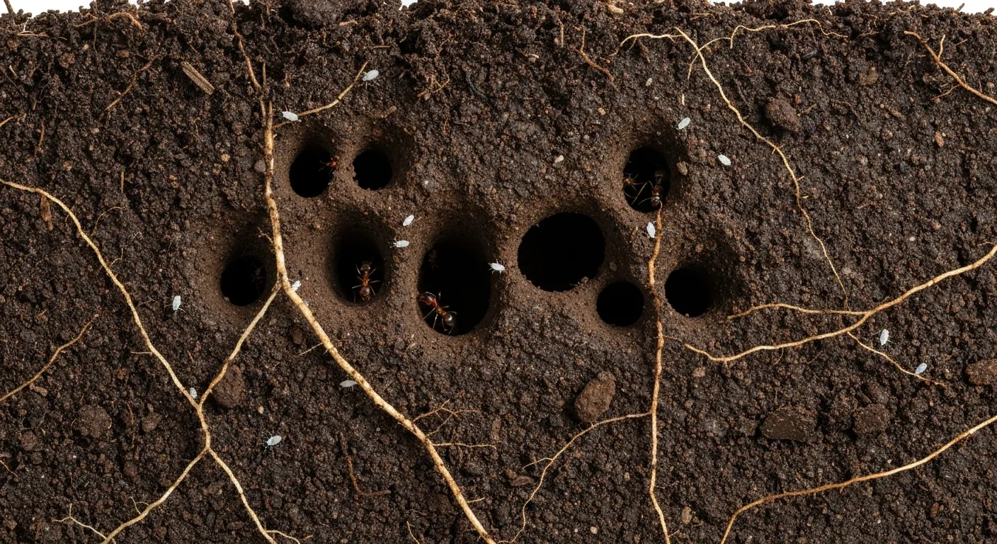 Cross-section view of underground ant tunnels and chambers where root aphids are farmed