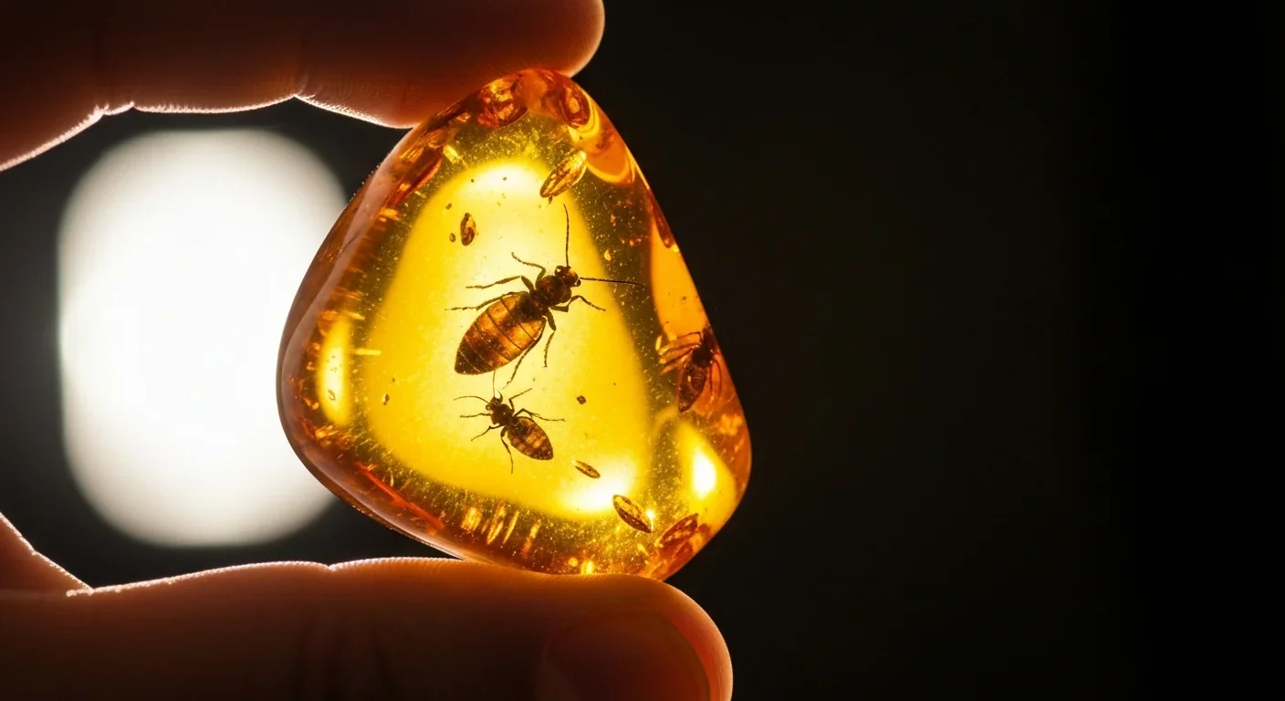 A piece of golden Baltic amber containing preserved ancient insects held against warm light