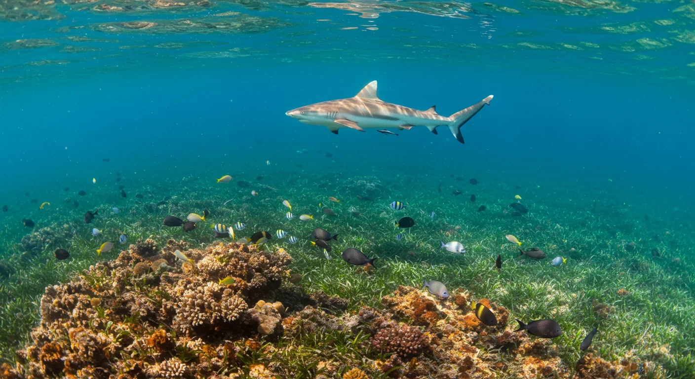 Shark swimming over seagrass meadow showing marine apex predator role in protecting carbon sinks