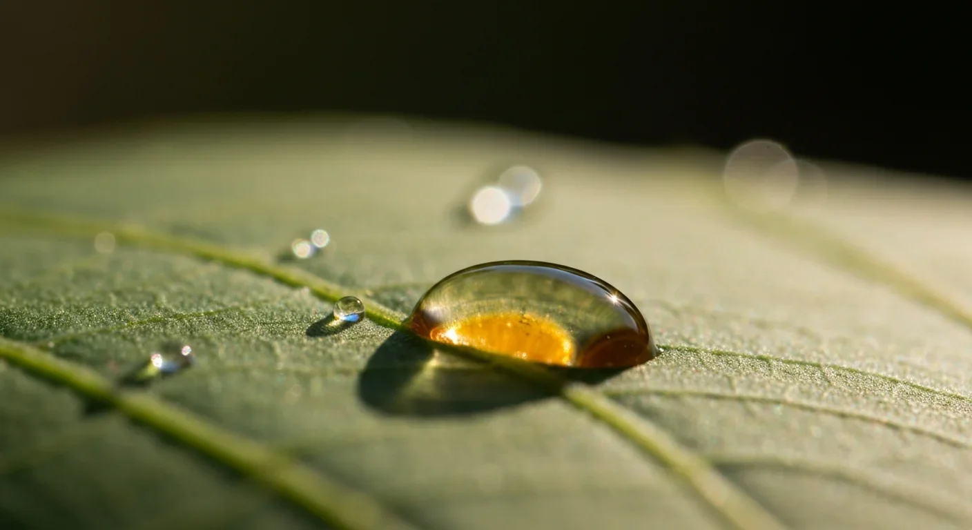 Glistening droplet representing the sticky defensive secretion released by kamikaze aphid soldiers