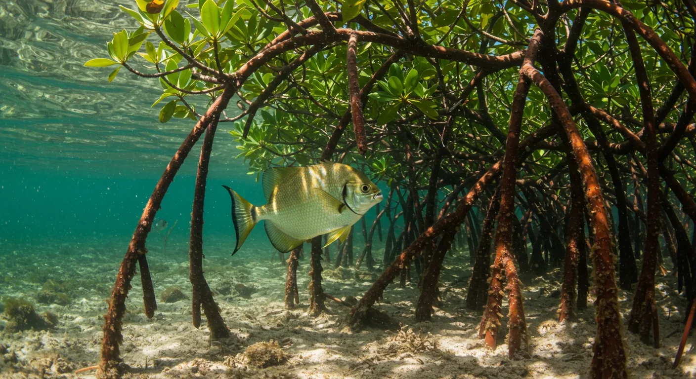 Archerfish in natural hunting position beneath mangrove vegetation with flat back profile visible