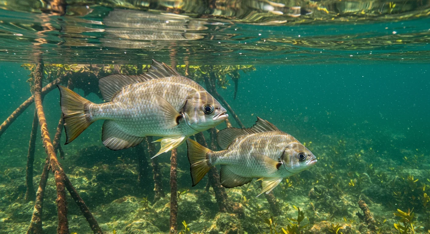 Adult and juvenile archerfish swimming together demonstrating social learning behavior