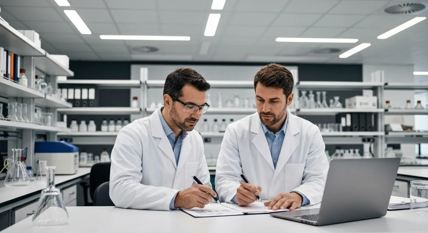 Research scientists collaborating on biofilm communication network analysis