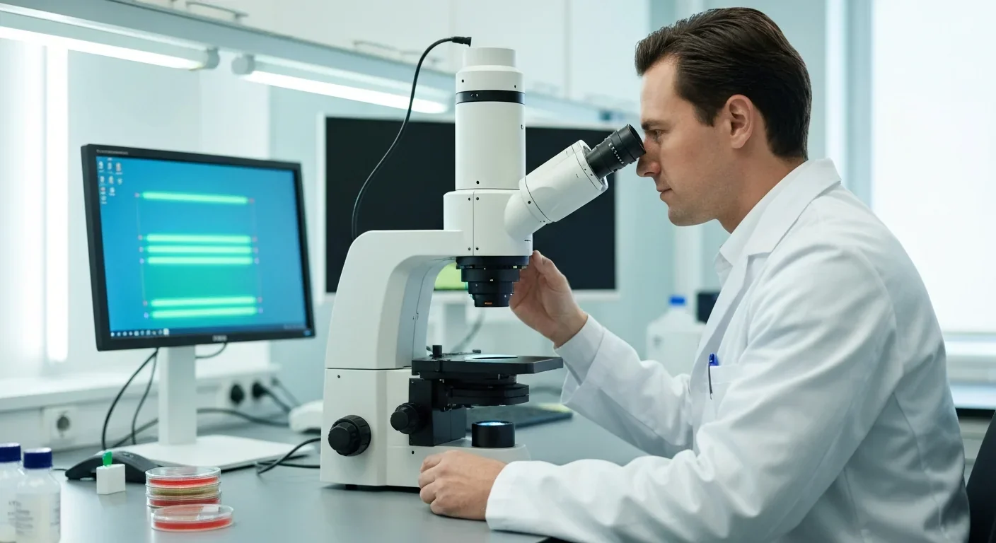 Researcher using confocal laser scanning microscope in a microbiology laboratory to study bacterial biofilm structures