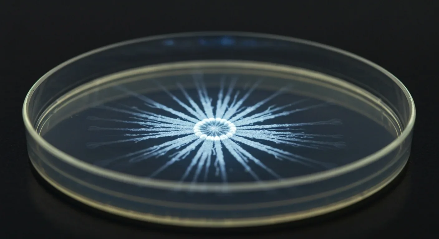 Gloved hands holding a petri dish showing a structured bacterial biofilm colony growing on agar medium
