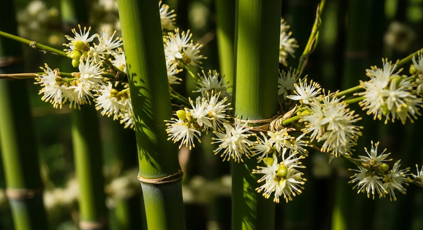 Bamboo flowers and seeds blooming on green bamboo stalks