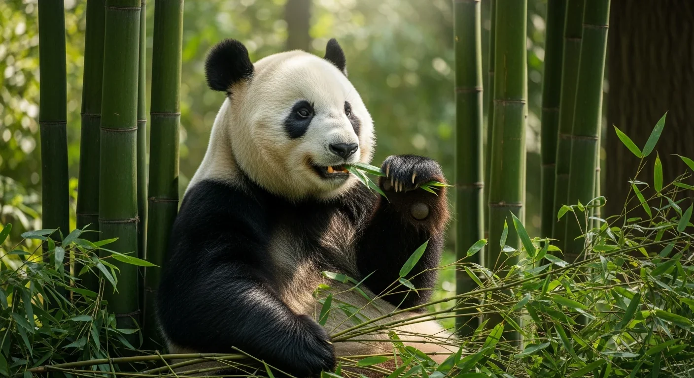 Giant panda eating bamboo in its natural forest habitat