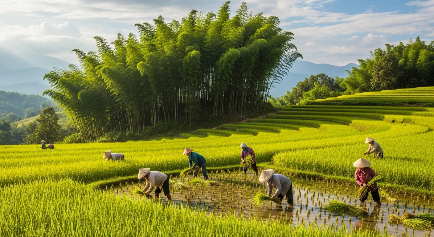 Farmers working in rice fields with bamboo groves in background
