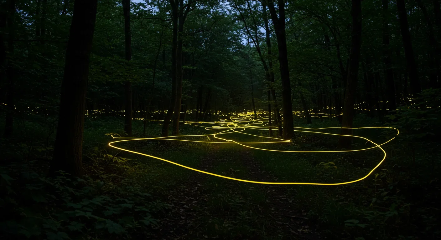 Fireflies creating synchronized light display in dark forest at night