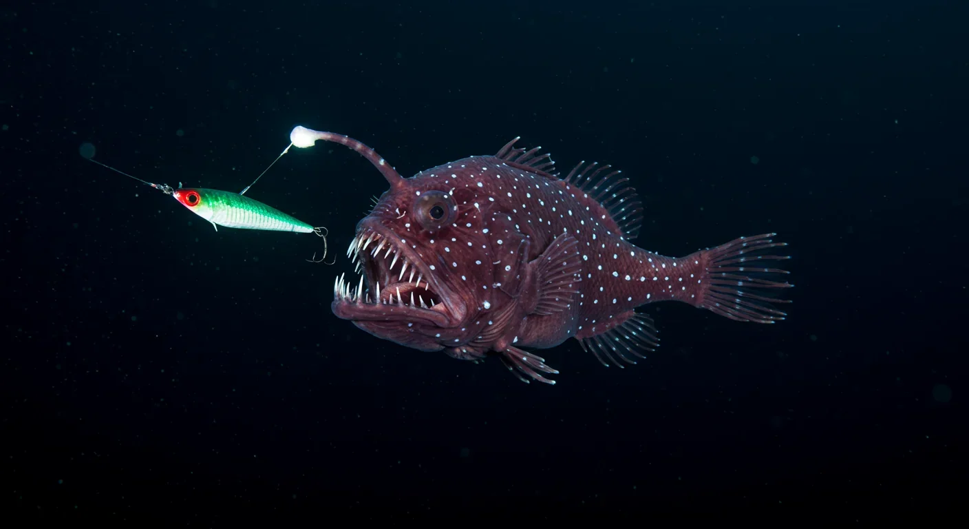 Deep-sea anglerfish displaying bioluminescent lure in dark ocean