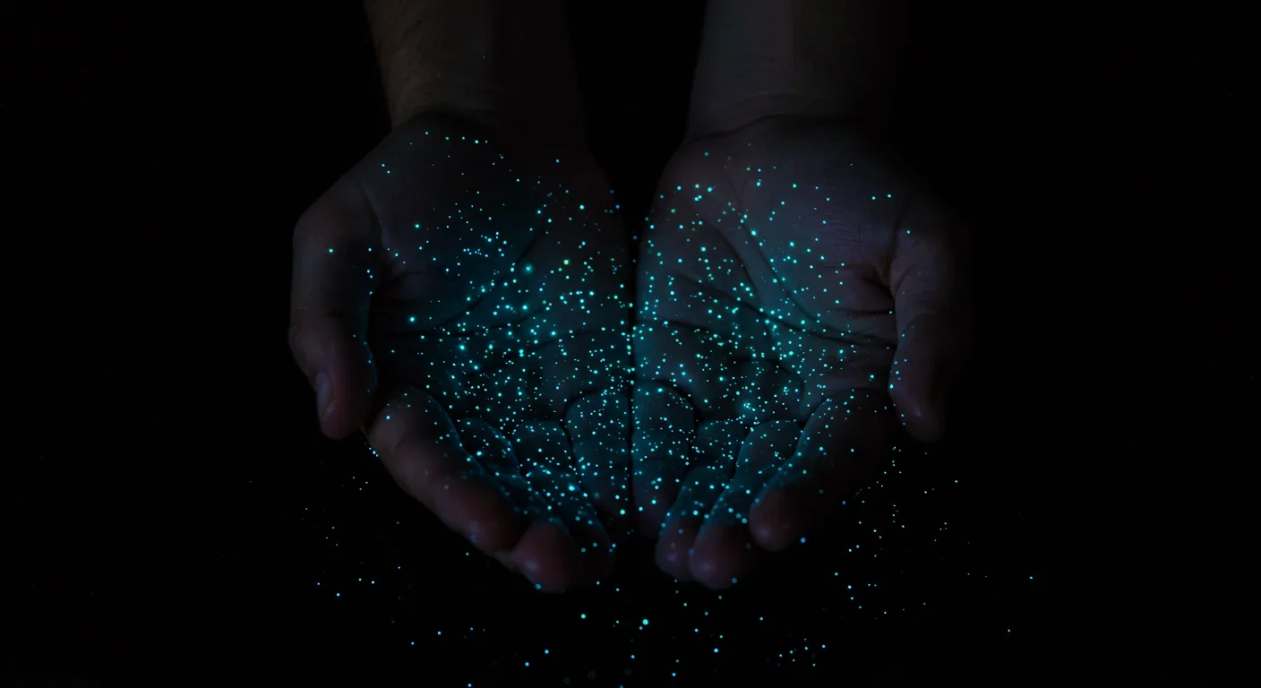 Hands holding glowing bioluminescent water filled with sparkling dinoflagellates