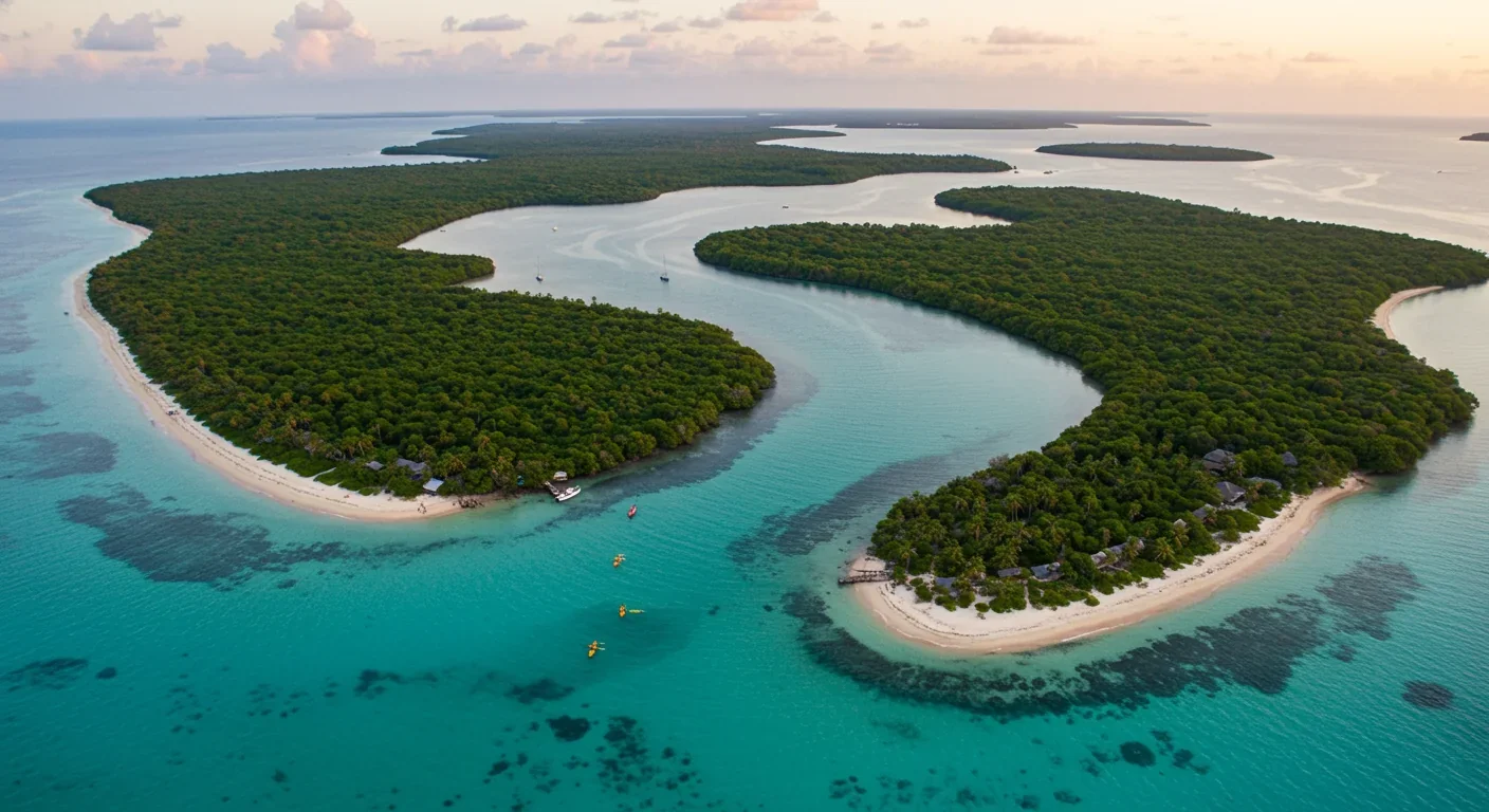 Aerial view of a mangrove-protected bioluminescent bay with kayakers at dusk