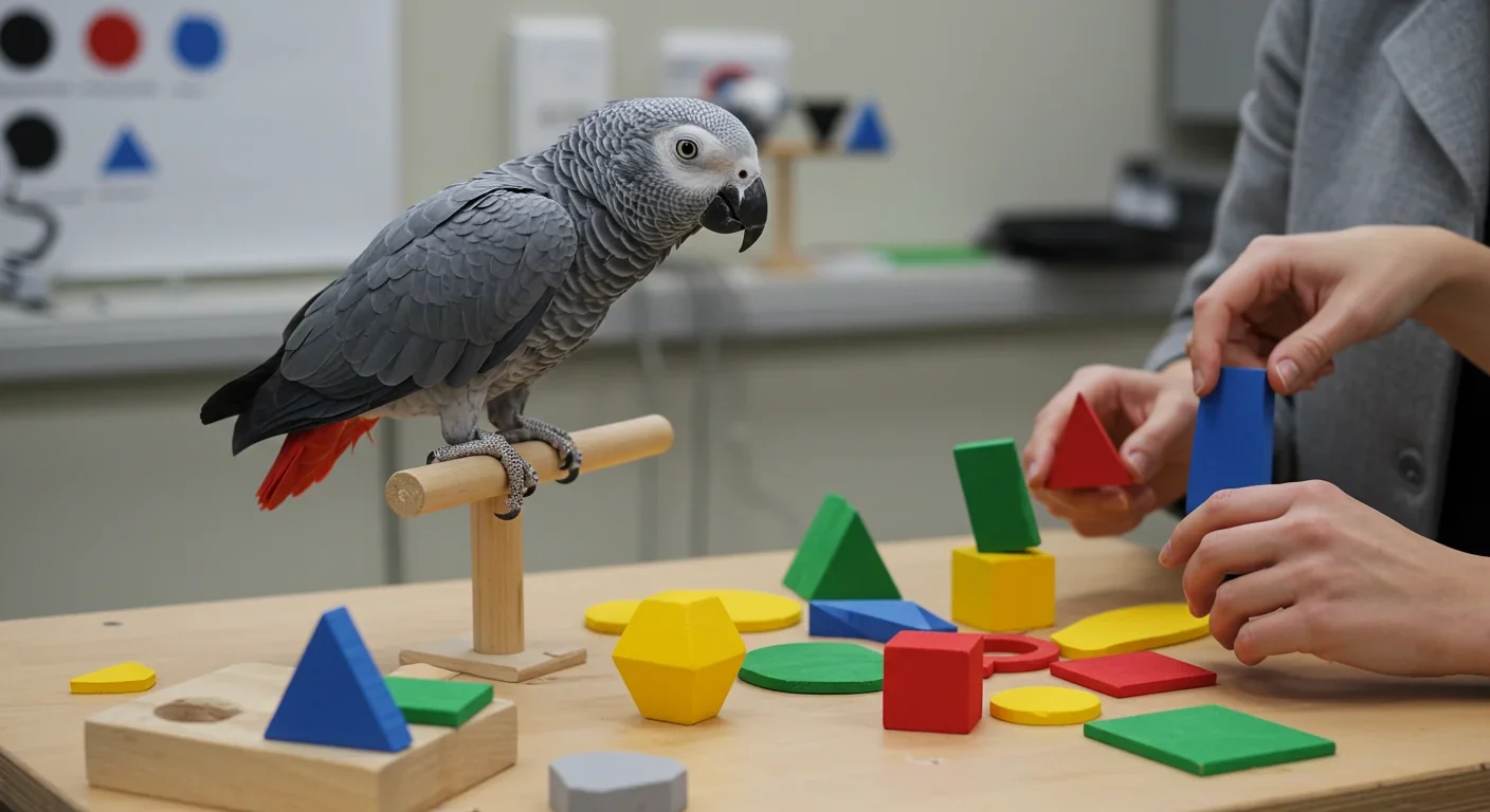 African grey parrot engaged in cognitive testing with colored shapes, demonstrating language and categorization abilities