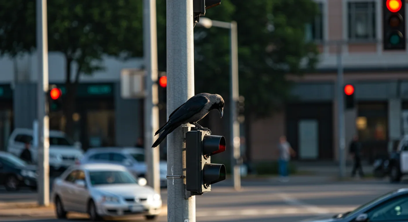 Crow perched on traffic light observing urban traffic patterns, demonstrating adaptation to human infrastructure