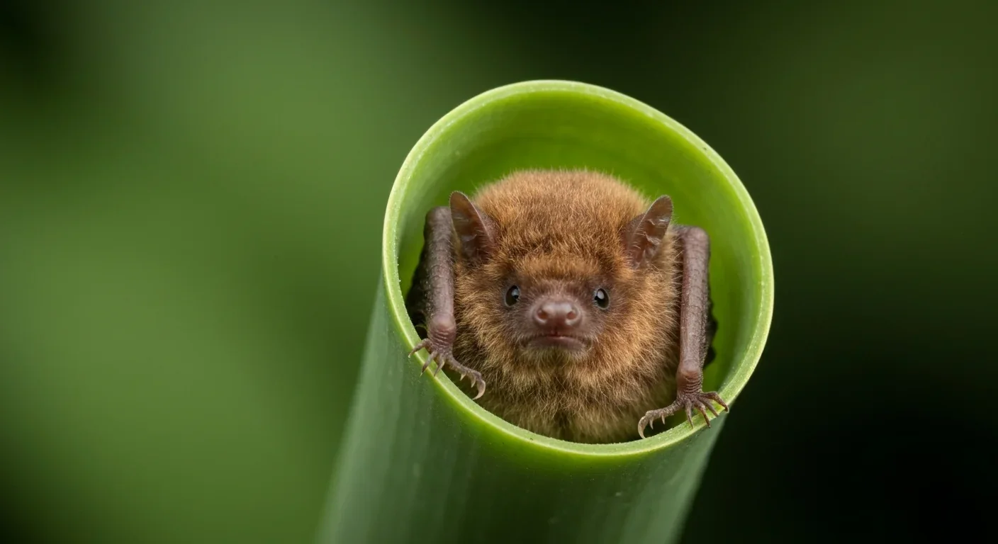 A small woolly bat roosting inside the elongated tube of a pitcher plant