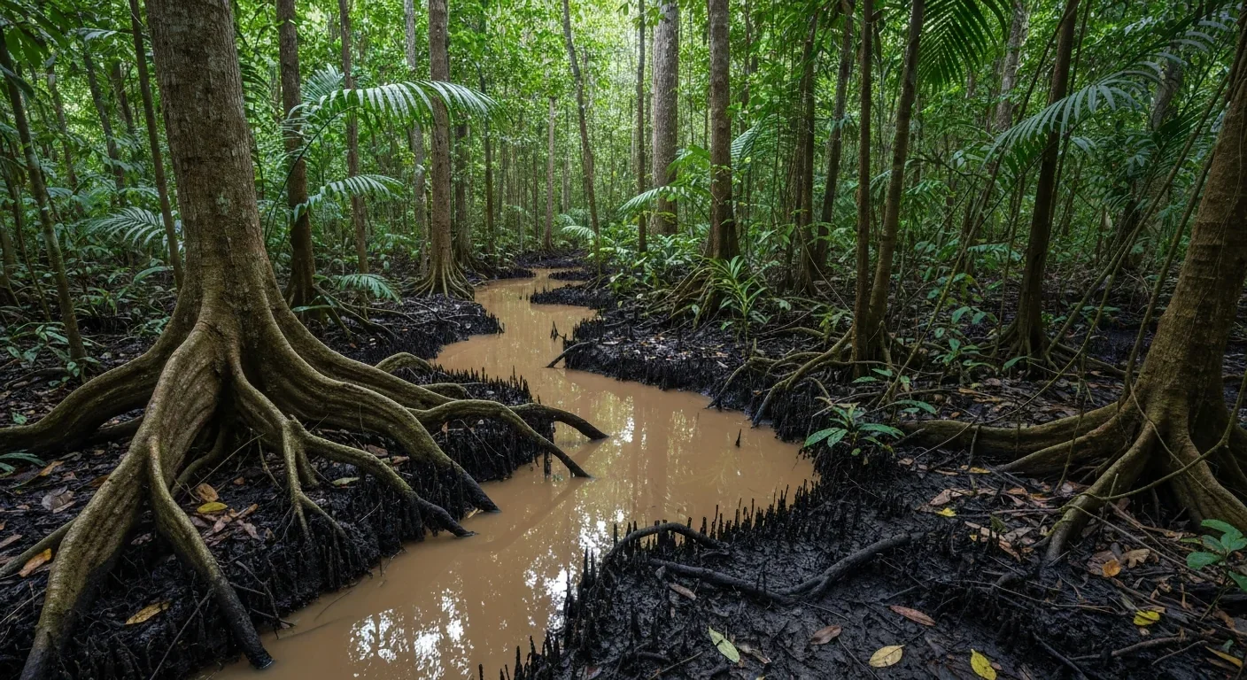 Waterlogged peat swamp forest floor in Borneo showing nutrient-poor acidic conditions