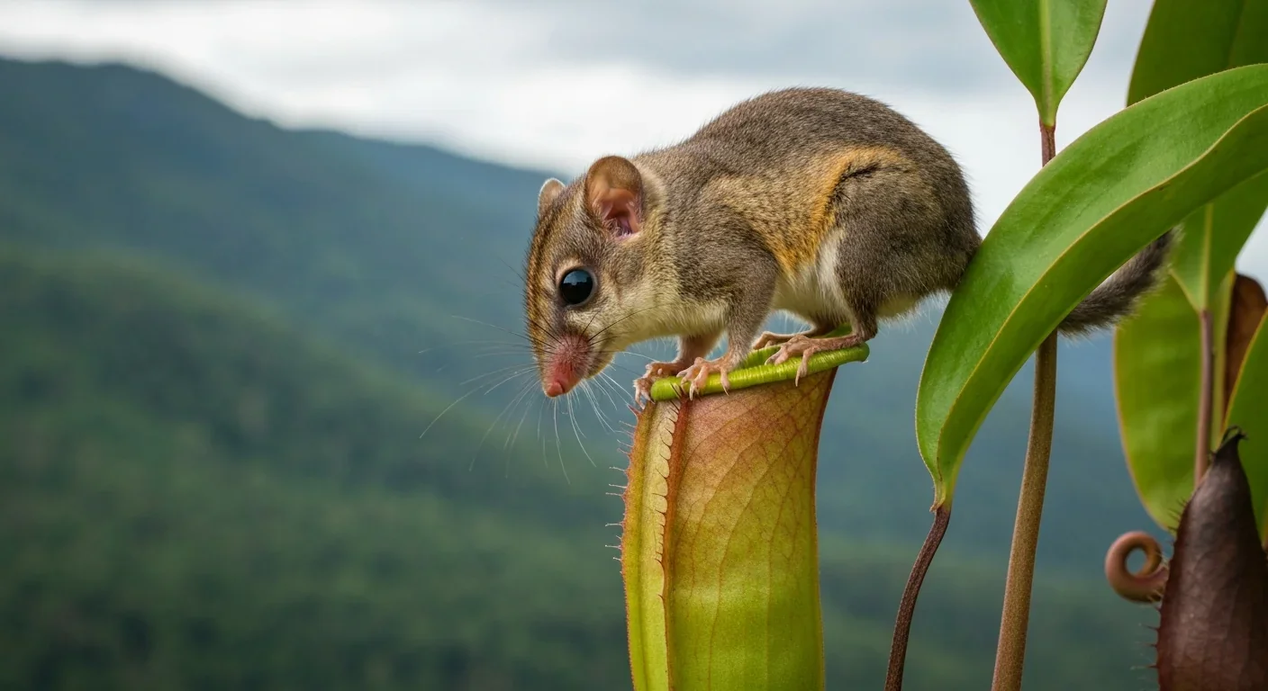 A mountain treeshrew perched on a pitcher plant rim feeding on nectar in Borneo