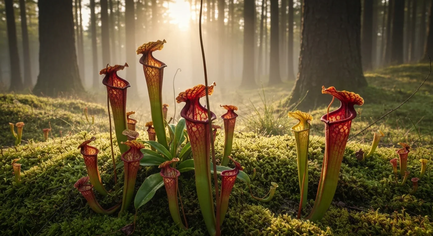 A cluster of diverse pitcher plants growing on a mossy tropical forest floor in morning light