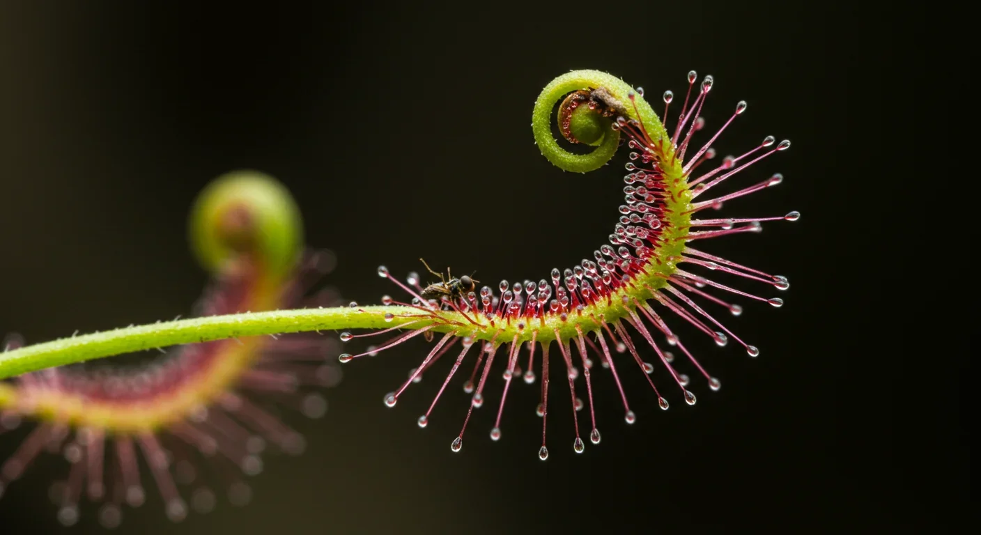 Sundew plant with sticky tentacles capturing insect prey using glistening mucilage droplets