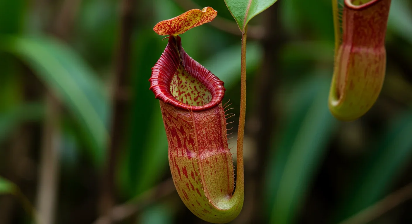 Tropical Nepenthes pitcher plant with open rim revealing digestive fluid in rainforest habitat