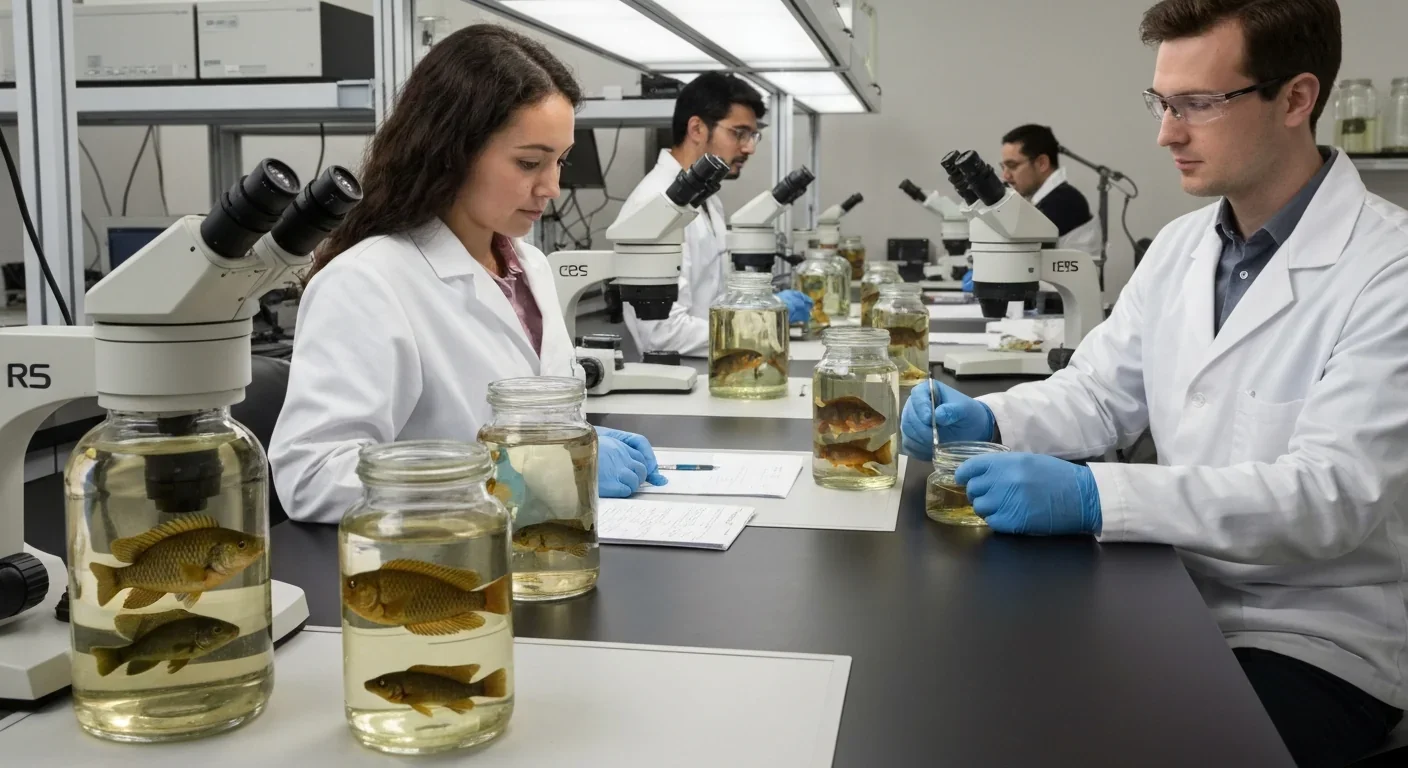 Scientists studying preserved cichlid specimens in modern research laboratory